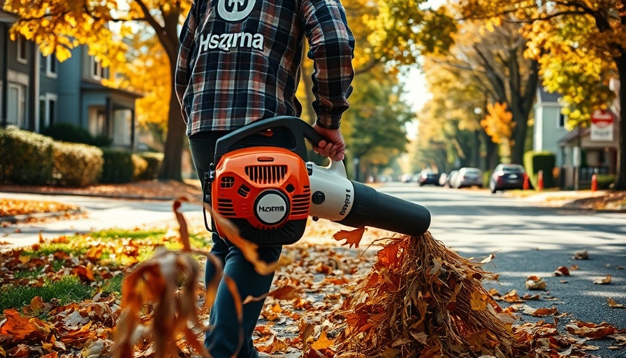 Worker using Husqvarna Backpack Blower in sunny suburban setting.