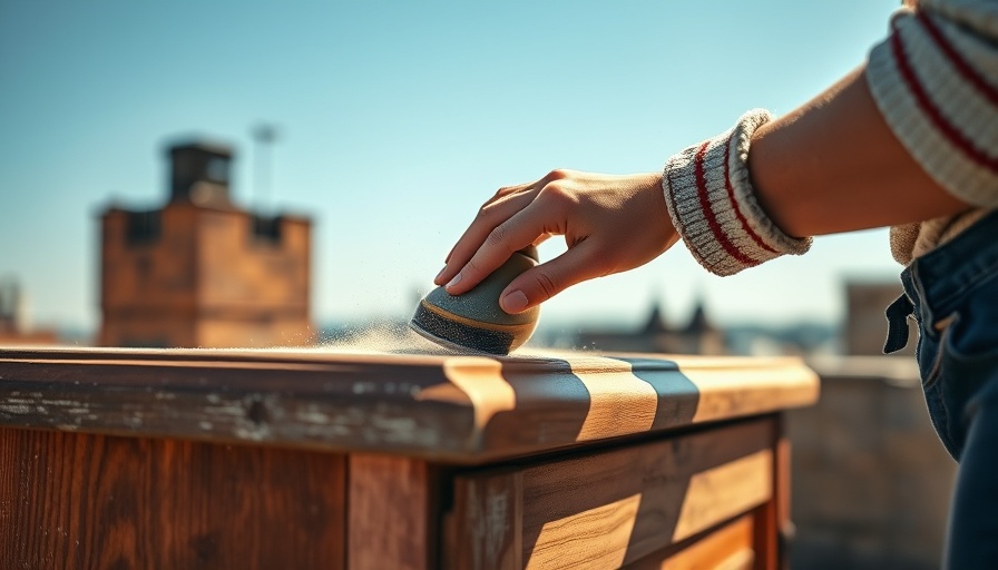DIY home improvement project: sanding a vintage cabinet outdoors.