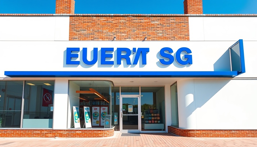Modern storefront offering affordable spring decor, blue sky, brick design.