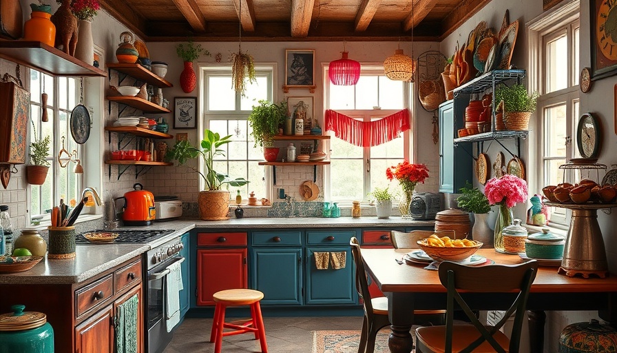 Colorful maximalist kitchen design featuring vintage decor and vibrant elements.