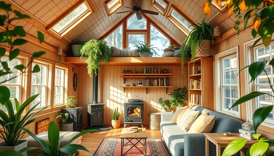 Tiny living cabin interior with green plants and cozy furnishings.