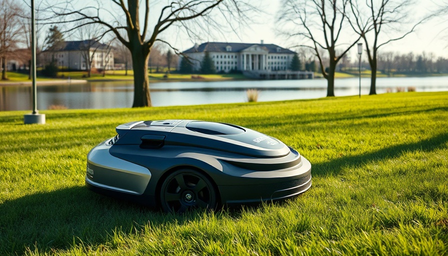Robotic lawn mower by a lake with resort buildings in view.