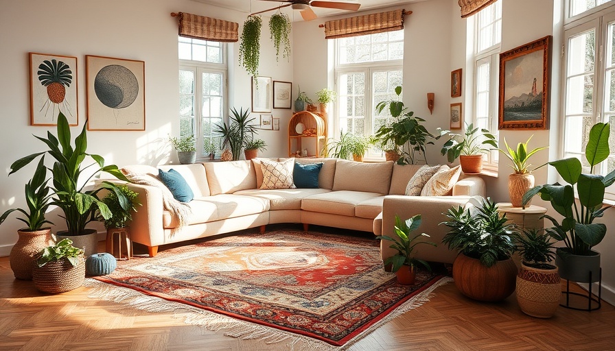 Stylish bohemian living room with washable storage basket.