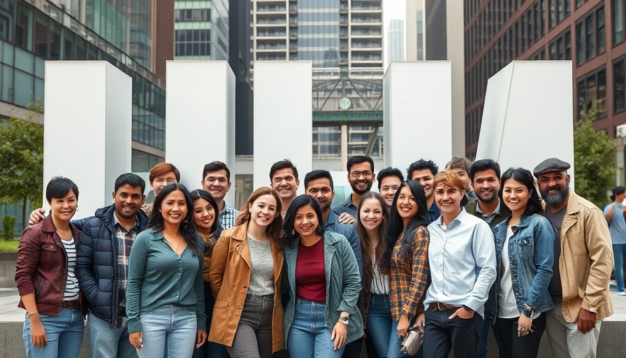 Group posing in front of city sign with urban development in background.