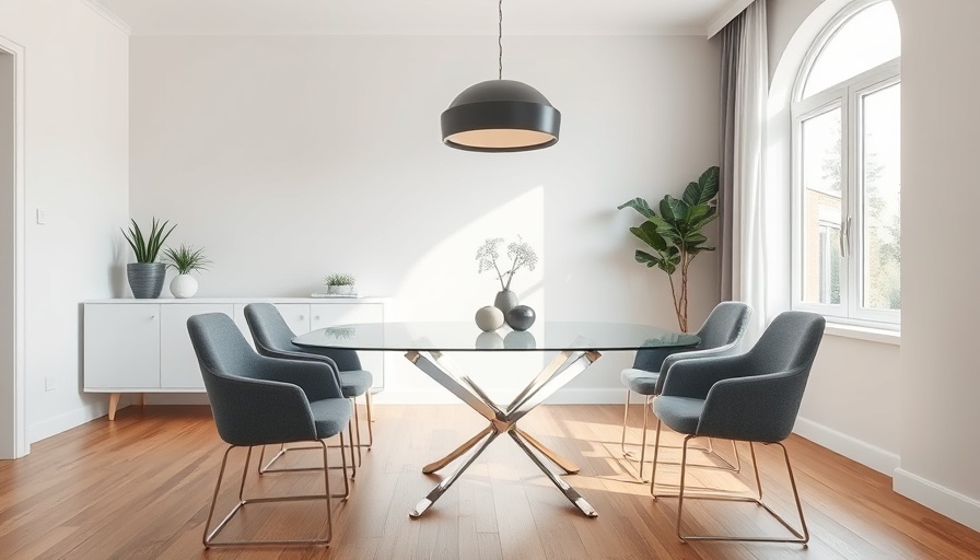 Modern dining room before renovation with glass table and gray chairs.
