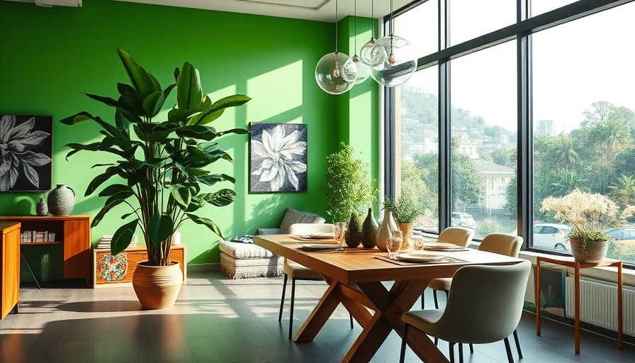 Chic dining room with green decor and large windows.