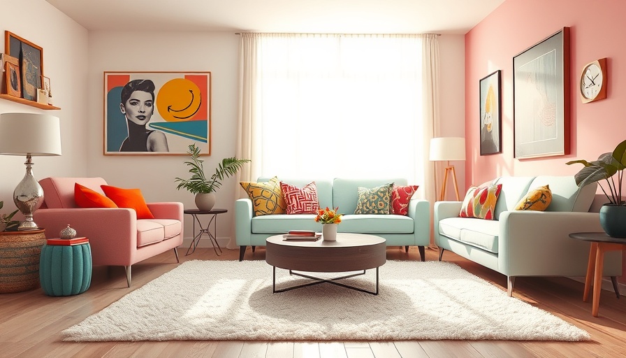 Stylish home decor in a colorful retro living room with vintage furniture.