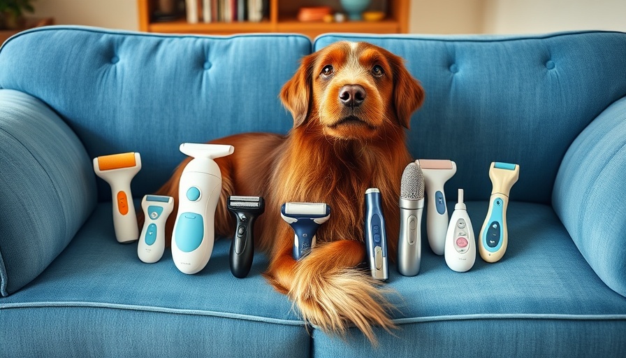 Variety of pet hair removal gadgets on sofa with dog tail.