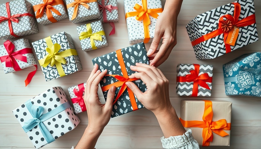 Mother's Day gifts being wrapped on a wooden table.