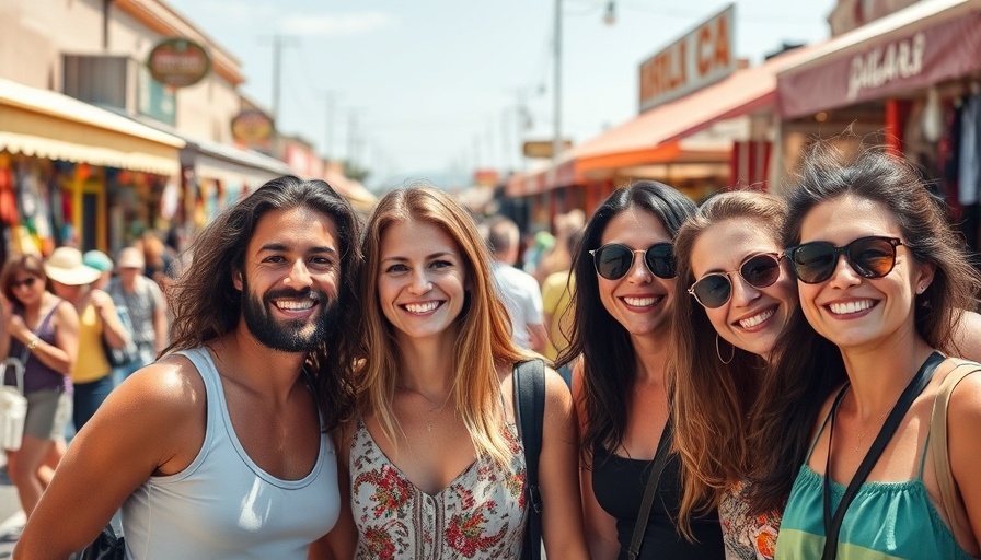 Friends enjoying a day at a vibrant flea market