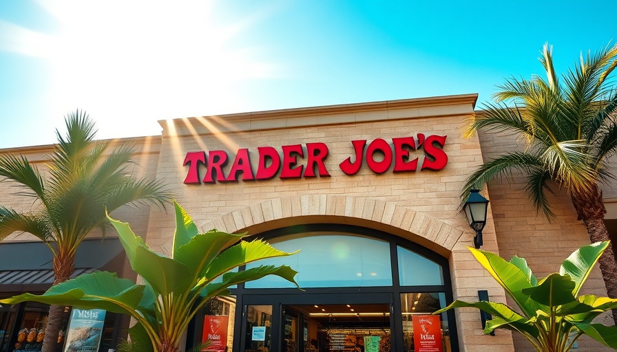 Trader Joe's entrance with stone facade under clear sky.
