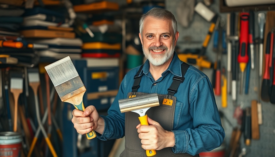 Professional painting tools in use by worker in storage room.