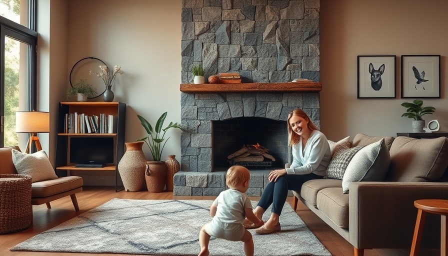 Cozy living room with stone fireplace and modern decor