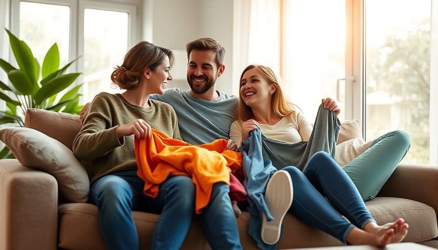 Couple managing laundry piles on a sofa, sunlight streaming in.