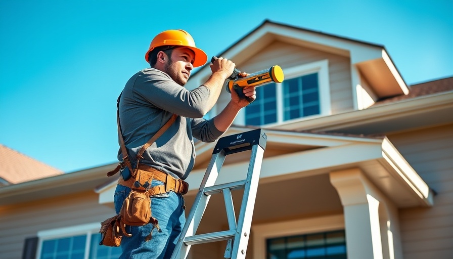 Experienced worker using ladder leveler tool at home with a clear sky.