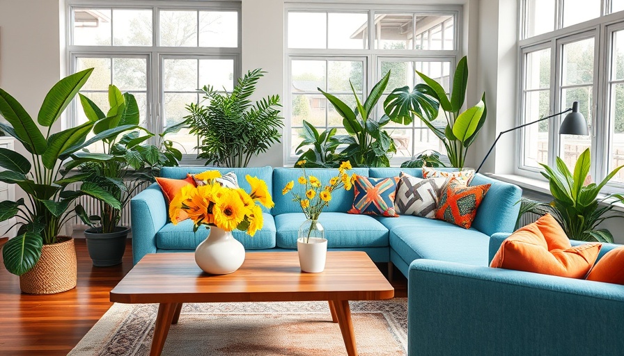 Stylish mid-century modern apartment design with blue sofa and vibrant decor.