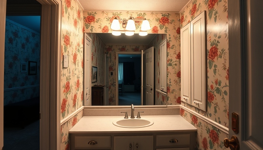Outdated bathroom vanity with floral wallpaper showcasing renovation opportunity.