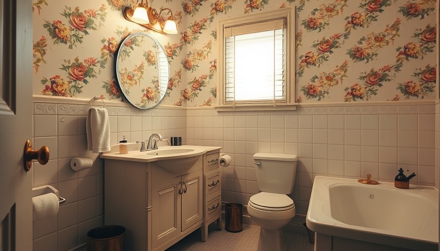Outdated bathroom with floral wallpaper before renovation.