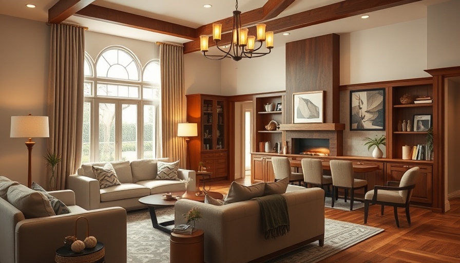 Cozy room with modern traditional lighting and warm decor.