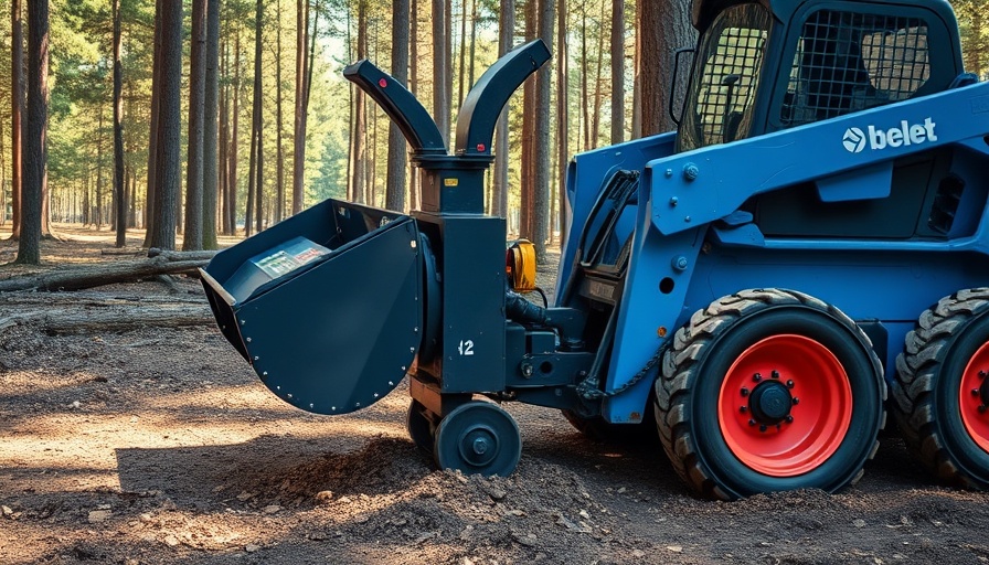 Heavy Duty Drum Mulcher attached to skid steer in forest clearing.