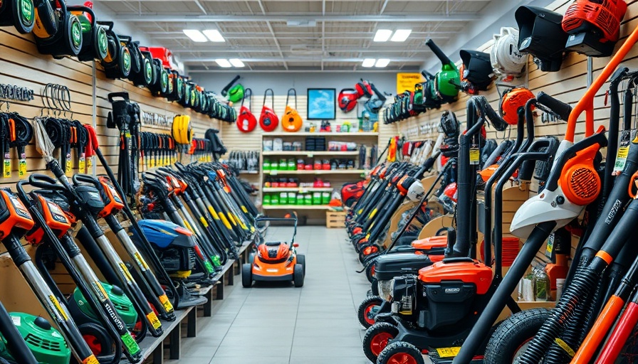 Best time to buy outdoor power equipment display in store.