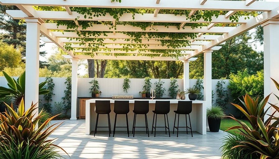 Built-To-Last Outdoor Kitchen with white pergola and lush garden