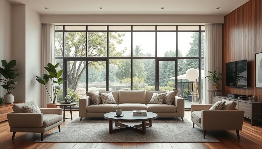 Beige Albany Park sofa in a modern living room with large windows.