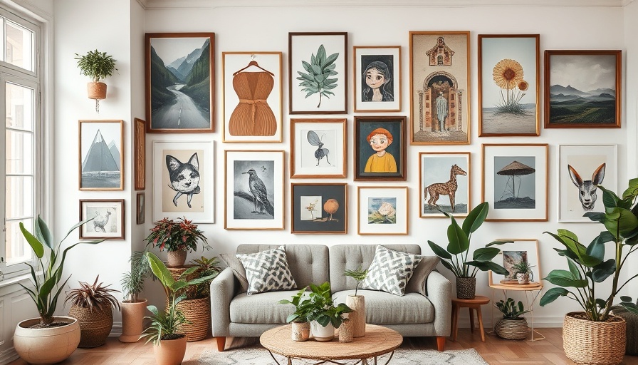 Eclectic art display in non traditional frames enhancing room decor.