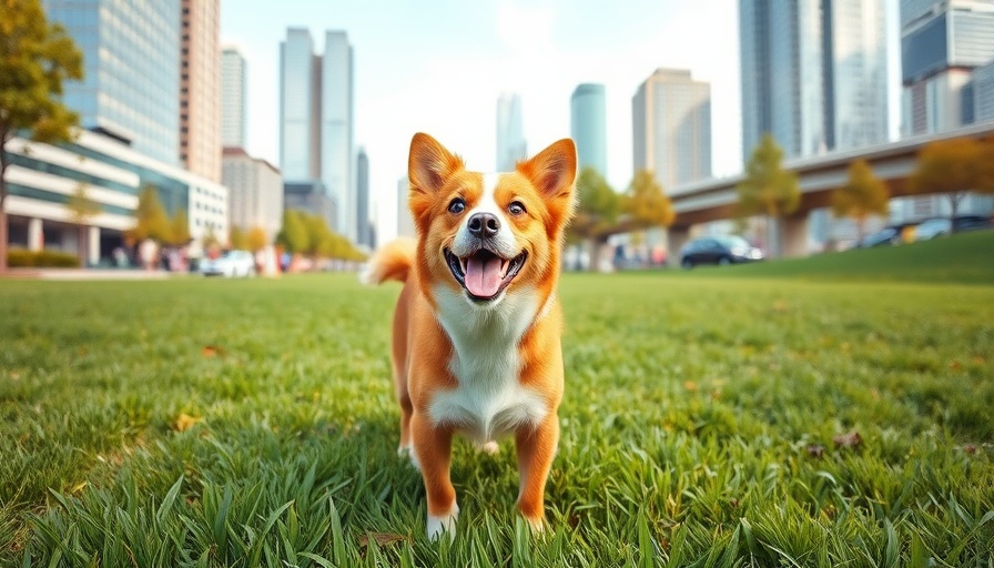 Dog enjoying public park community impact, grass, urban backdrop.
