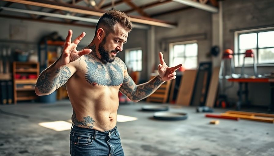 Tattooed man in garage preparing for epoxy flooring transformation.