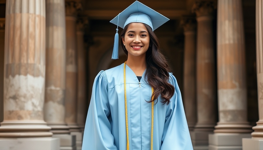 Young woman in a blue gown smiling by stone columns, Climate Policy Advocate Impact.