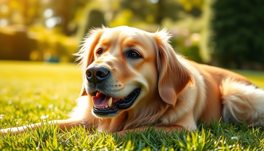 Golden retriever relaxing on grass in a sunny garden during allergy season.