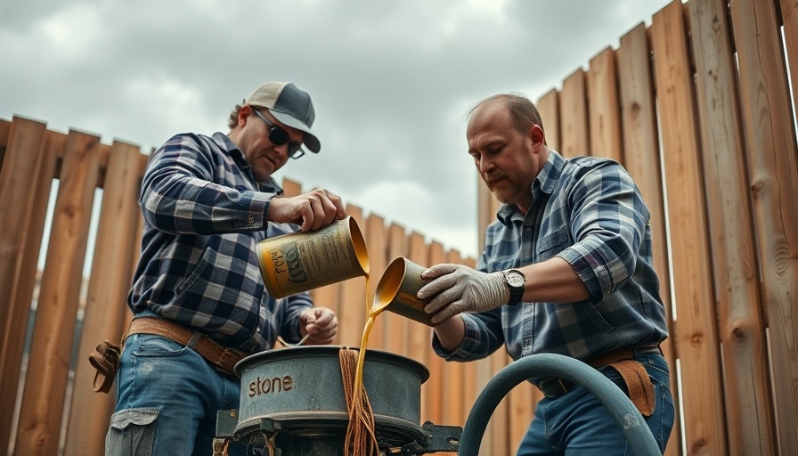Men pre-staining cedar fence using a machine outdoors.