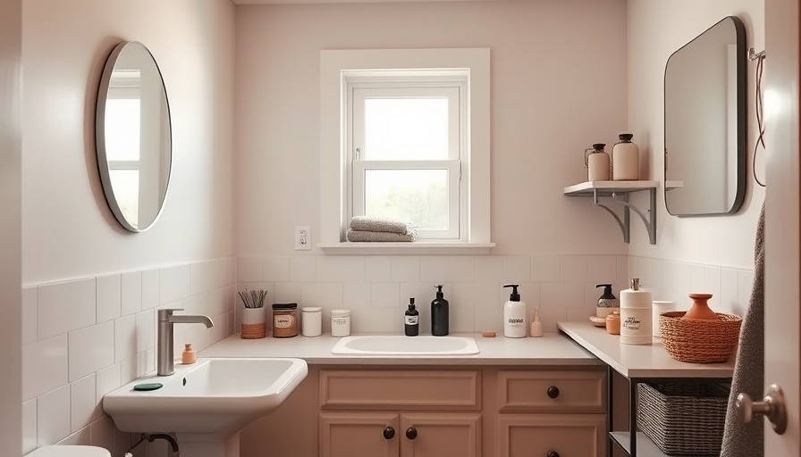 Compact bathroom with vanity and mirror in budget renovation.