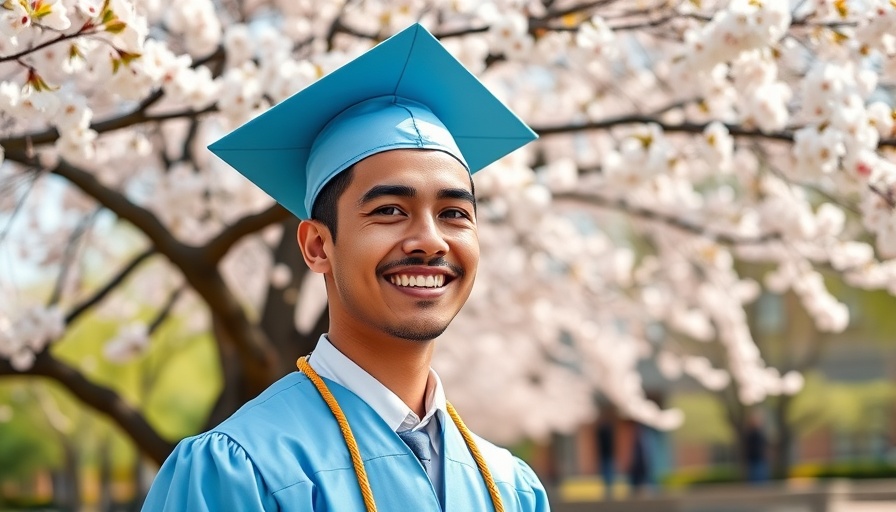 Graduate under cherry blossom tree, smiling, campus in spring.