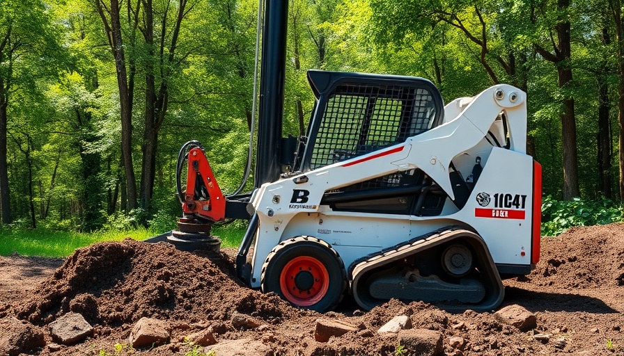 Skid steer drilling into muddy ground in a forested area.