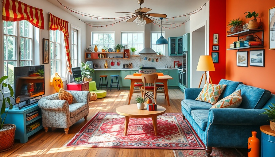 Bright, colorful living room with playful food-themed home decor.