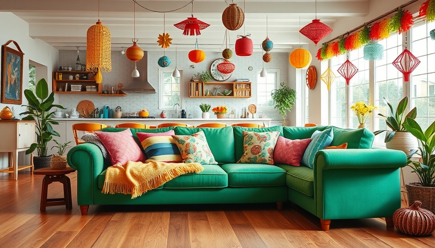 Vibrant living room with summer decor and green sofa.