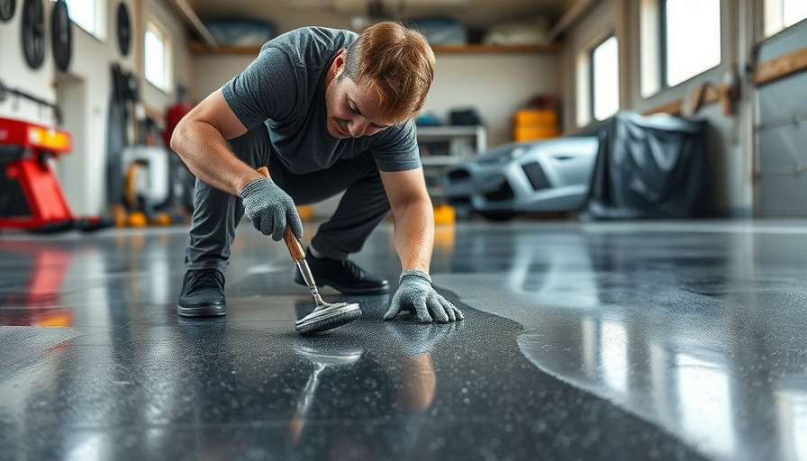 Man applying gunmetal glitter topcoat on garage floor with precision