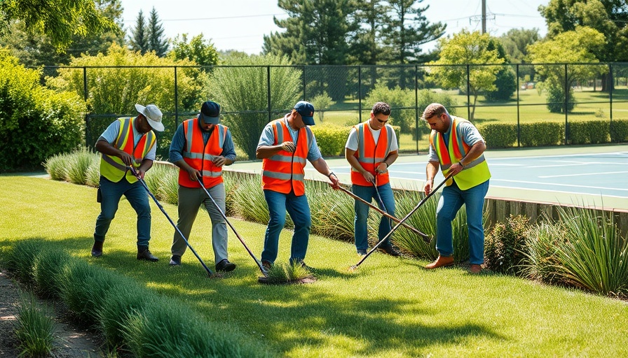Landscapers maintaining park with Sourcewell Cooperative Purchasing contract equipment.