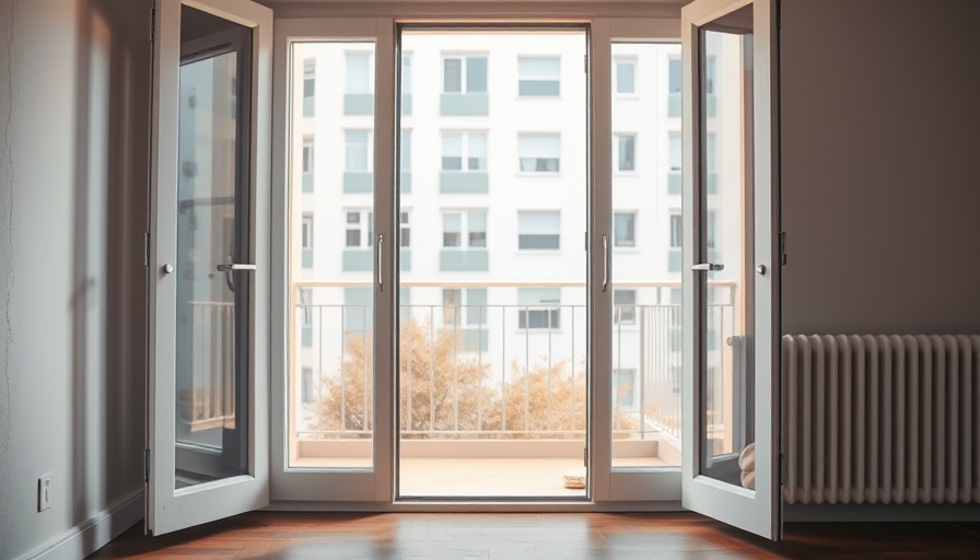 Empty balcony before DIY makeover with open glass doors.