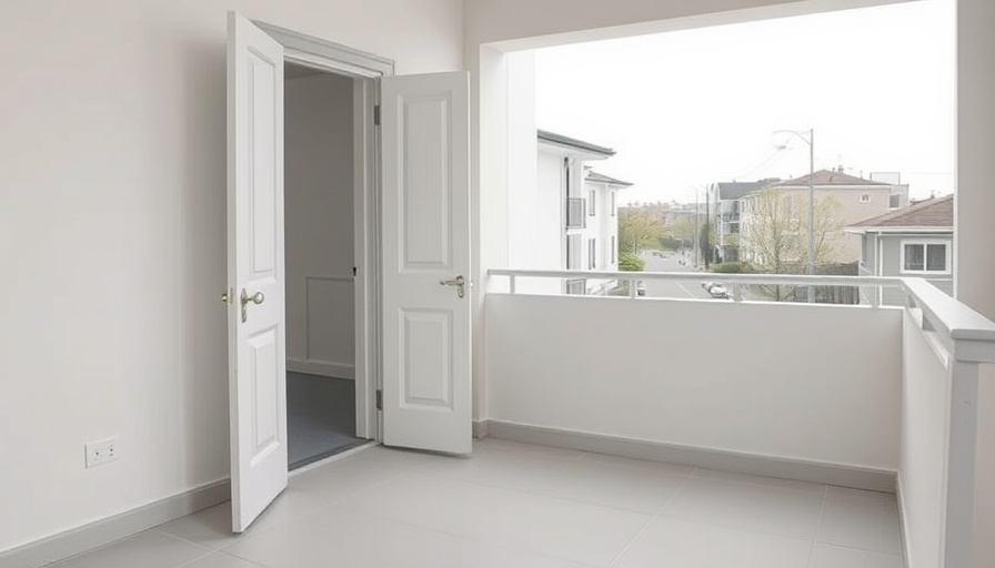 Empty balcony space before DIY makeover with open doors.