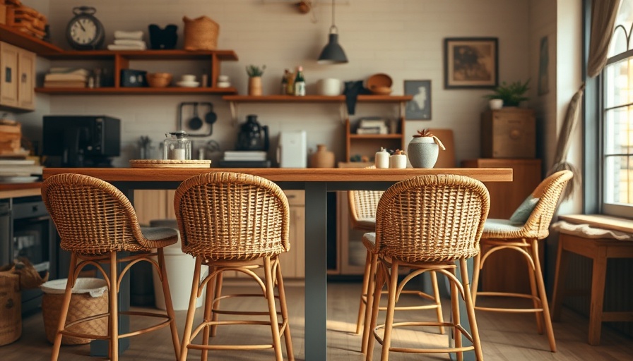 Dining room before budget makeover with wicker stools and clutter.