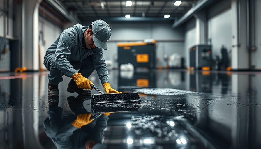Worker applying black epoxy flooring, industrial setting.
