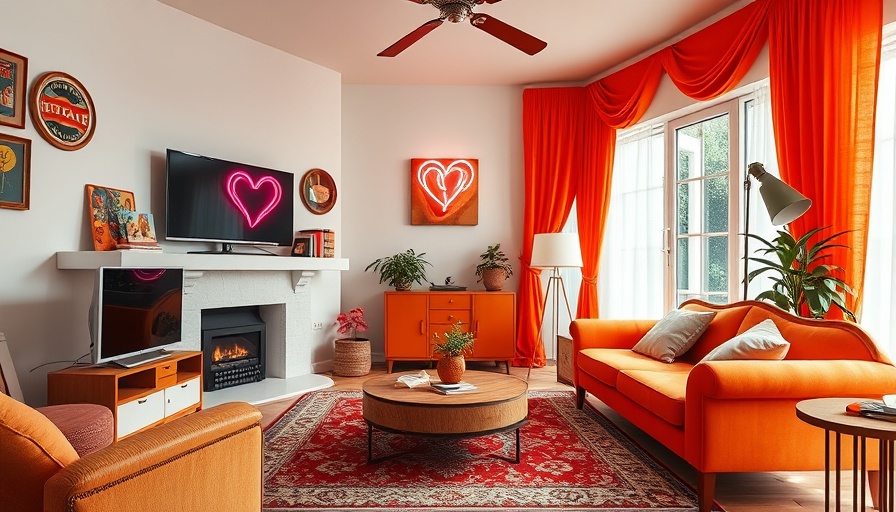Eclectic living room makeover with vibrant decor and orange curtains.