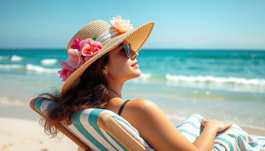 Woman relaxing on beach chair with sun hat, Beach Instagram Captions.