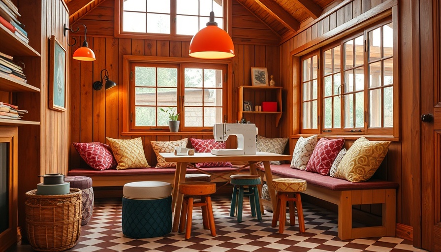 Charming crafting space with colorful stools and a sewing machine.