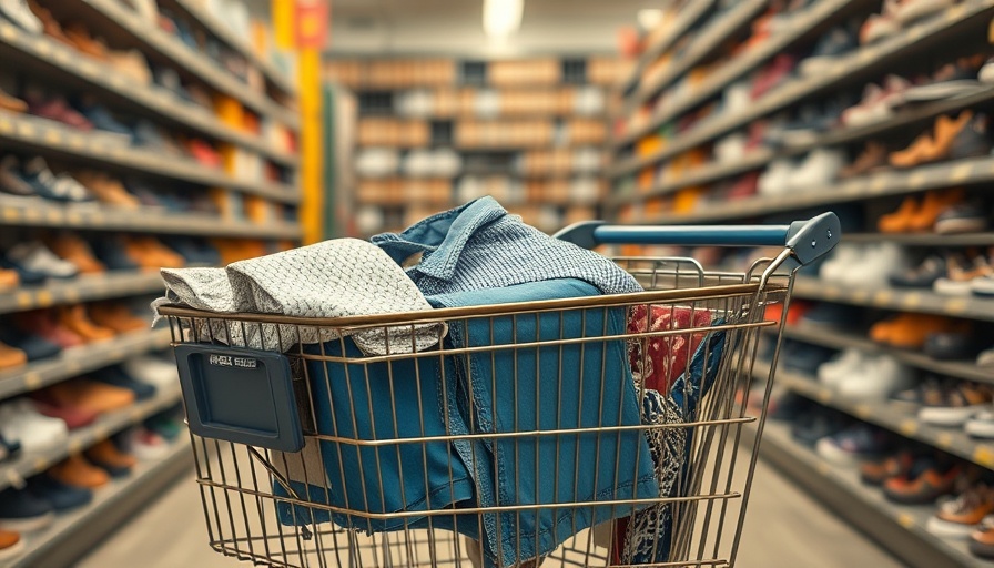 Thrifting haul with clothes in shopping cart in thrift store.