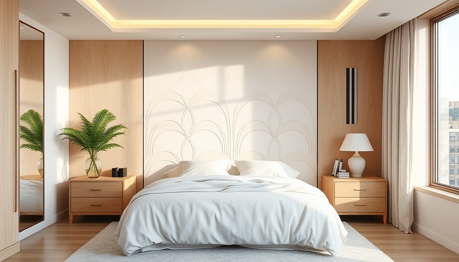 Modern bedroom with custom bed and wavy headboard, stylish decor.