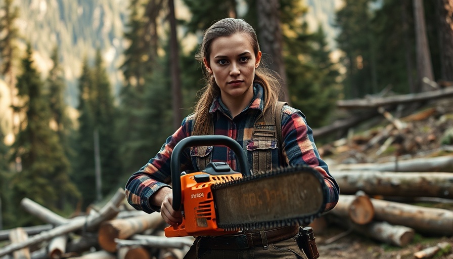 STIHL Made for America campaign: female logger in forest with chainsaw.